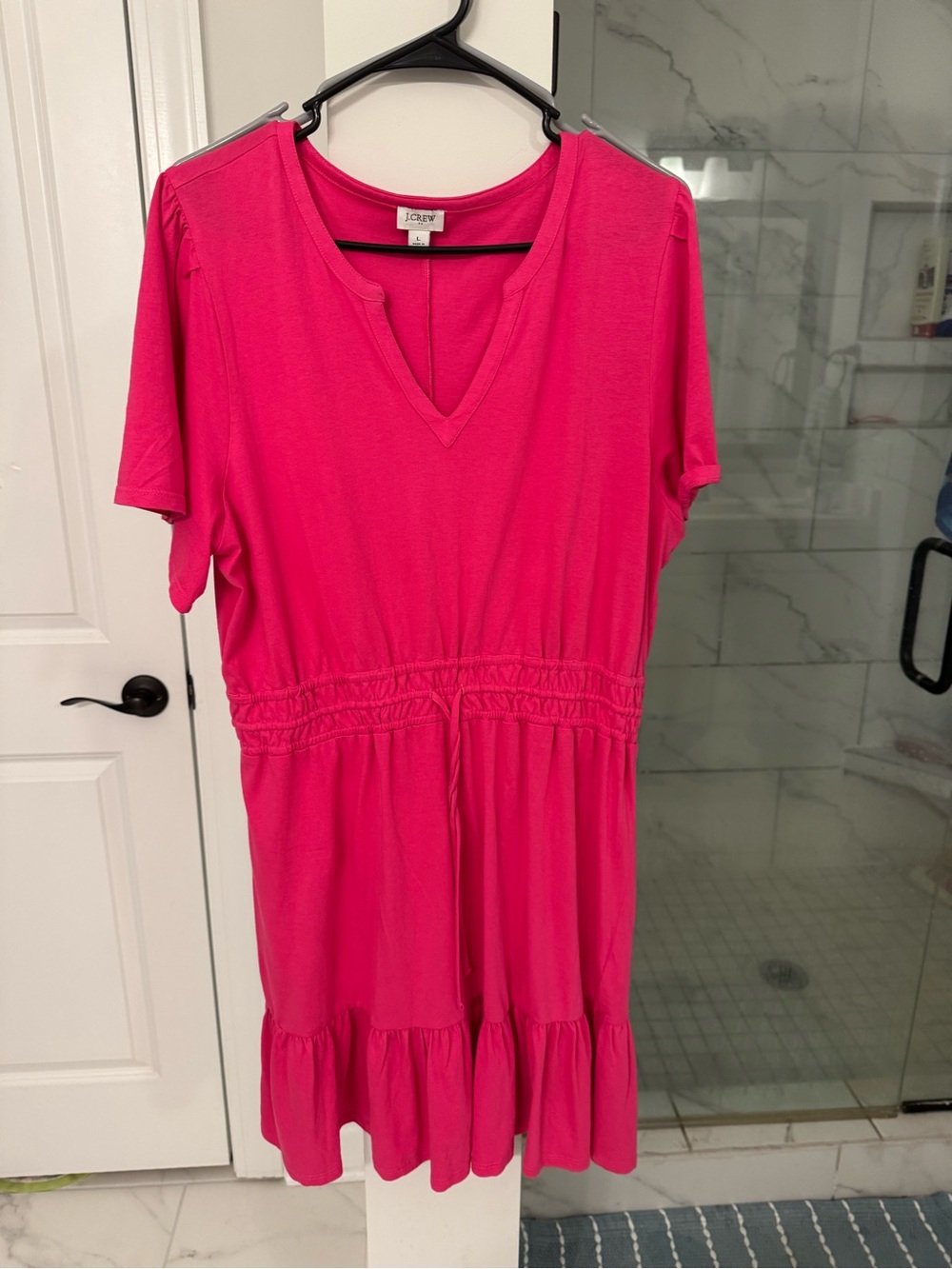 J. Crew Hot Pink V-Neck Drawstring Ruffle Mini Dress